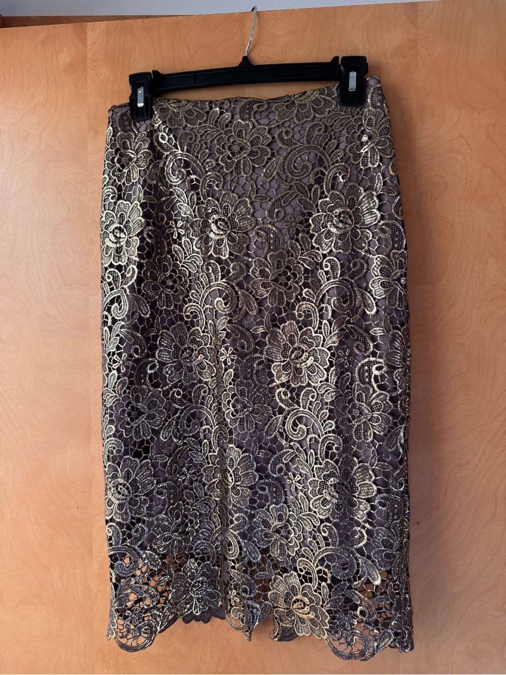 White House Black Market Gold Lace over brown satin Pencil Skirt